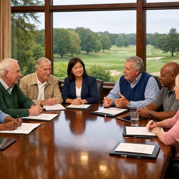 Board members meeting around a large table with a golf course in the background.